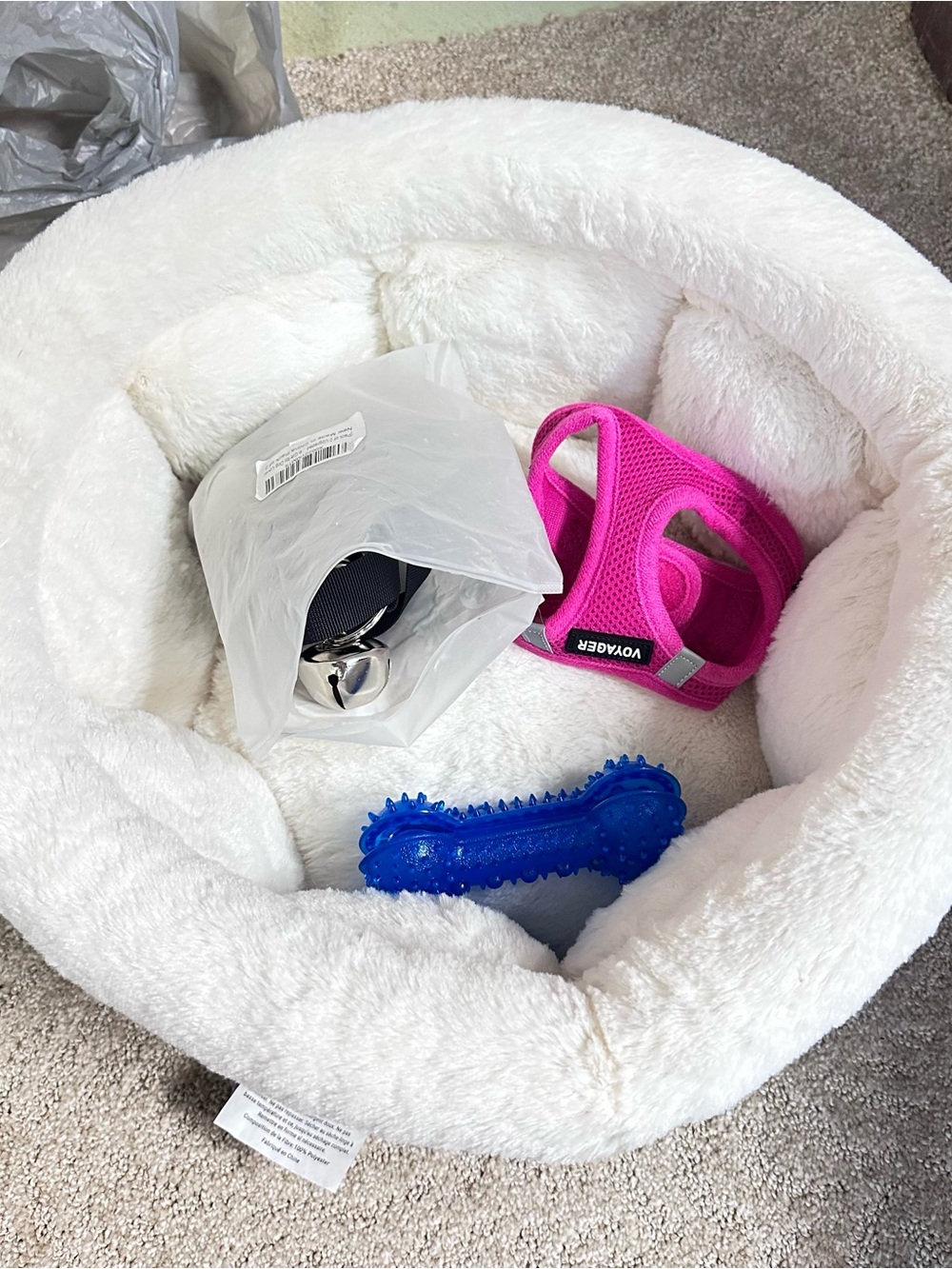Dog, Cat Bed, Harness, Teething bone, Bells for door, bundle.
